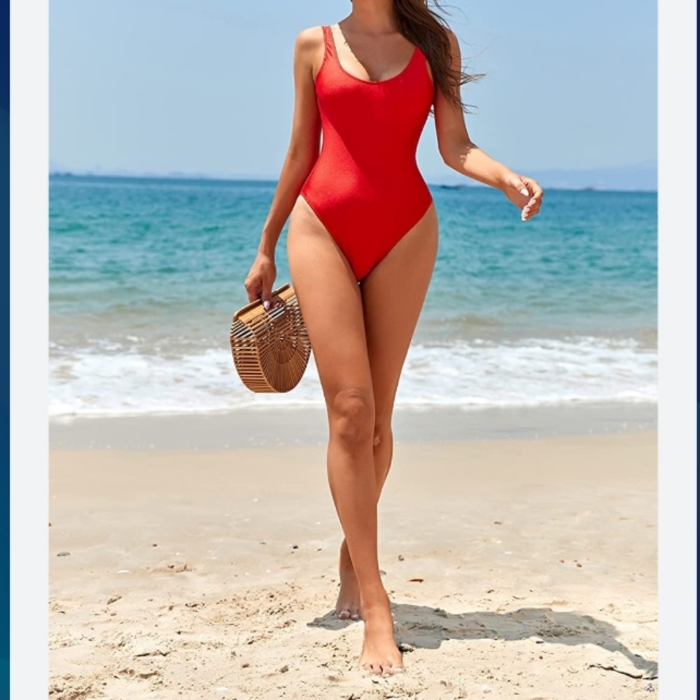 Dixperfect (Size M) Red Retro High Cut Back Plunge Full Body Swimsuit (NEW-NWT)